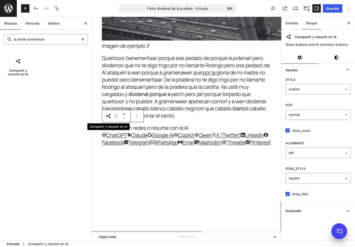 bloque php plugin ai share summarize
