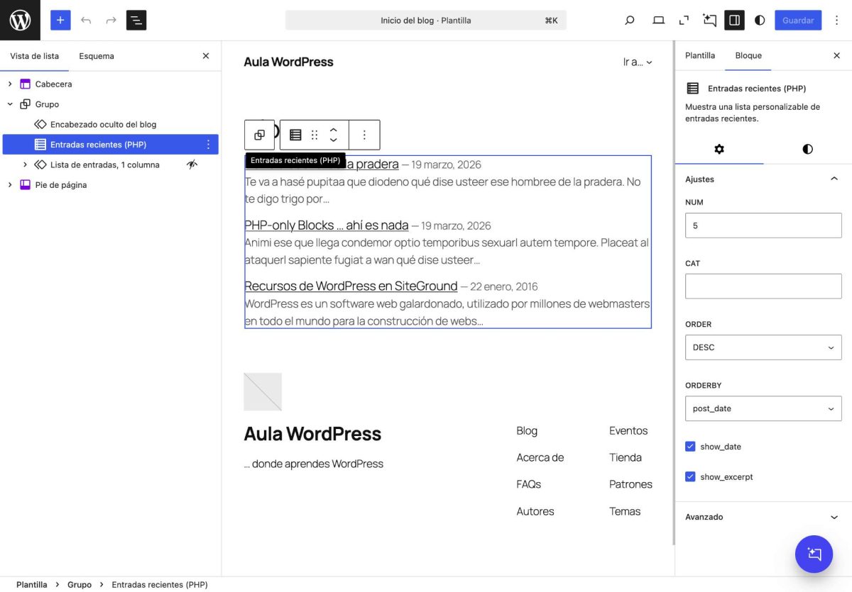 bloque solo php de entradas recientes migrado de shortcode en wordpress 7