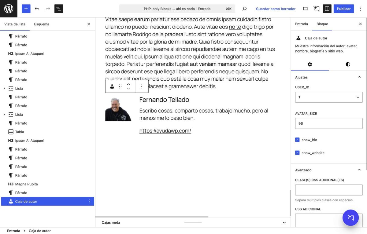 bloque solo php wordpress 7