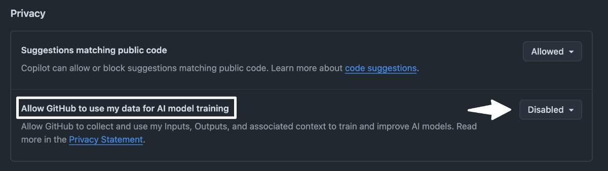 desactivar entrenamiento ia codigo copilot github
