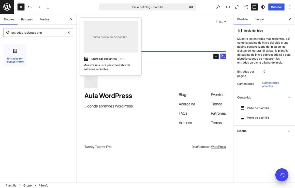 insertar bloque php migrado de shortcode wordpress 7