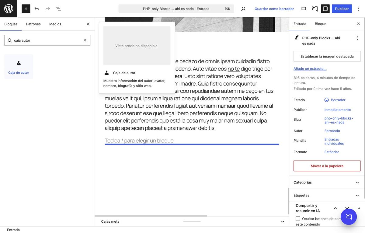 insertar bloque solo php wordpress 7