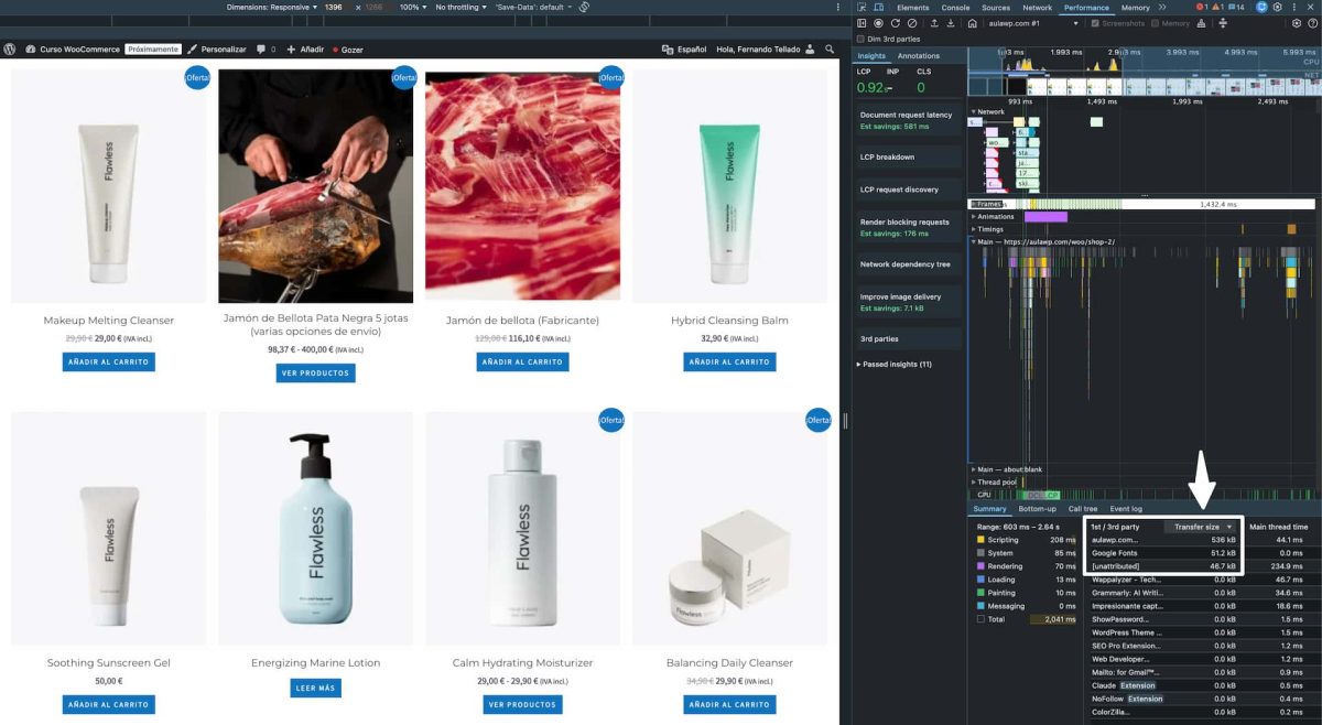 peso. pagina woocommerce devtools