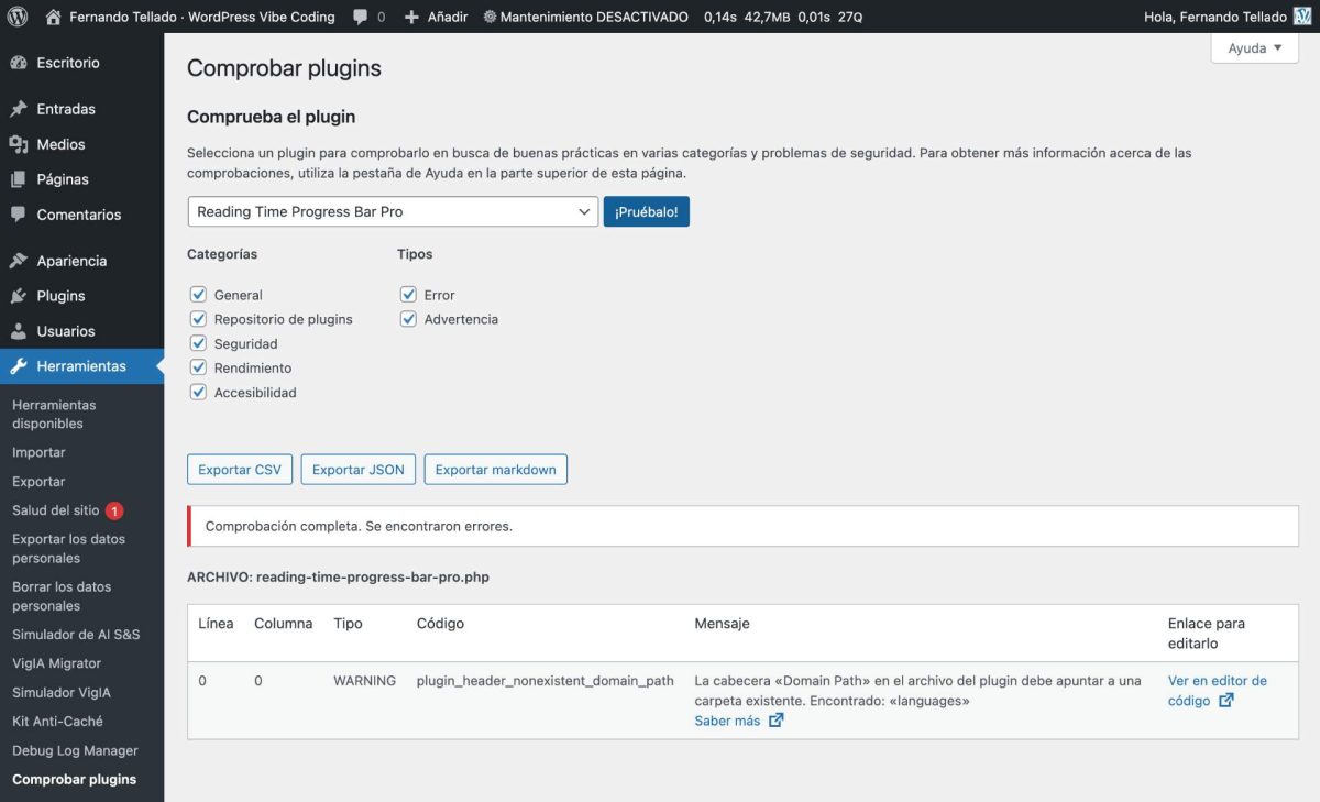 plugin wordpress vibe coding v1 pcp errores