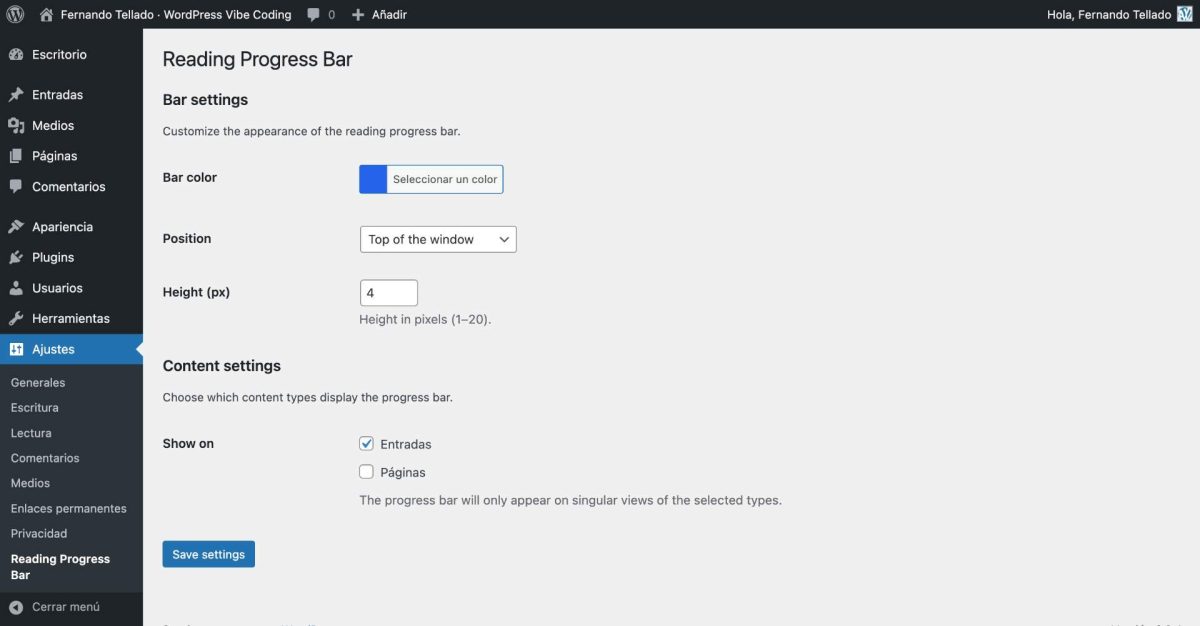 plugin wordpress vibe coding v2 pagina ajustes