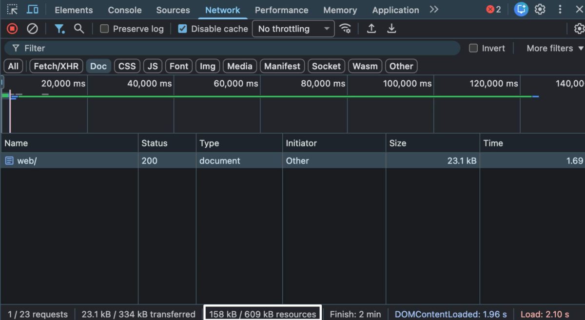 ver peso pagina devtools network