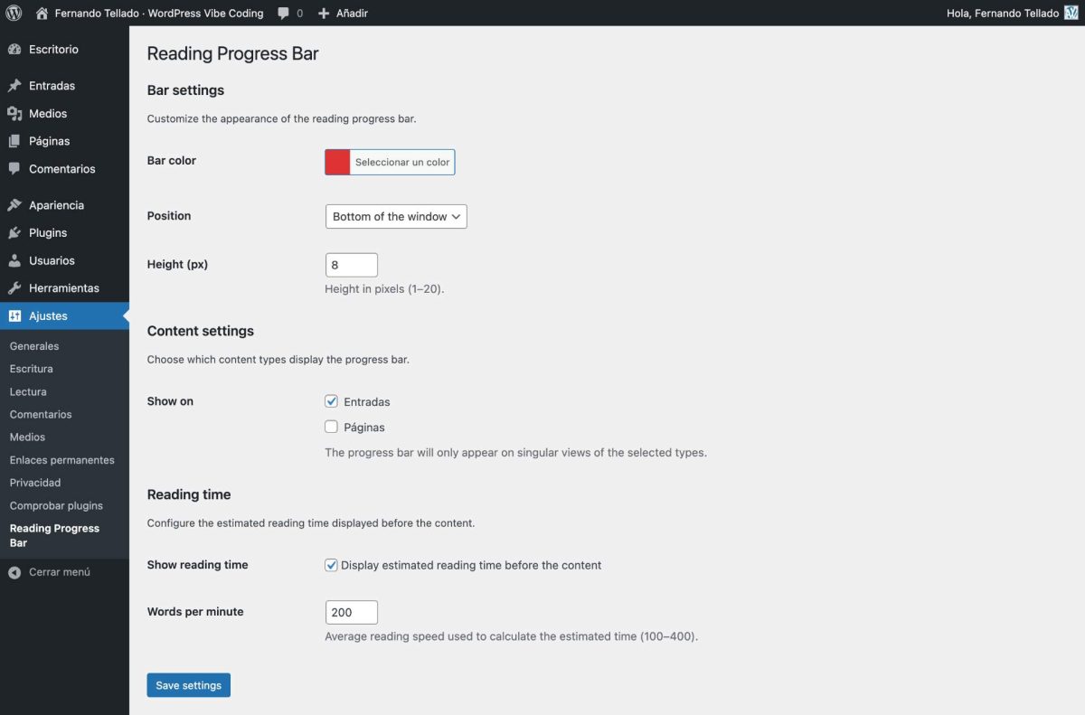 vibe coding plugin ajustes v3 barra progreso y tiempo lectura visto