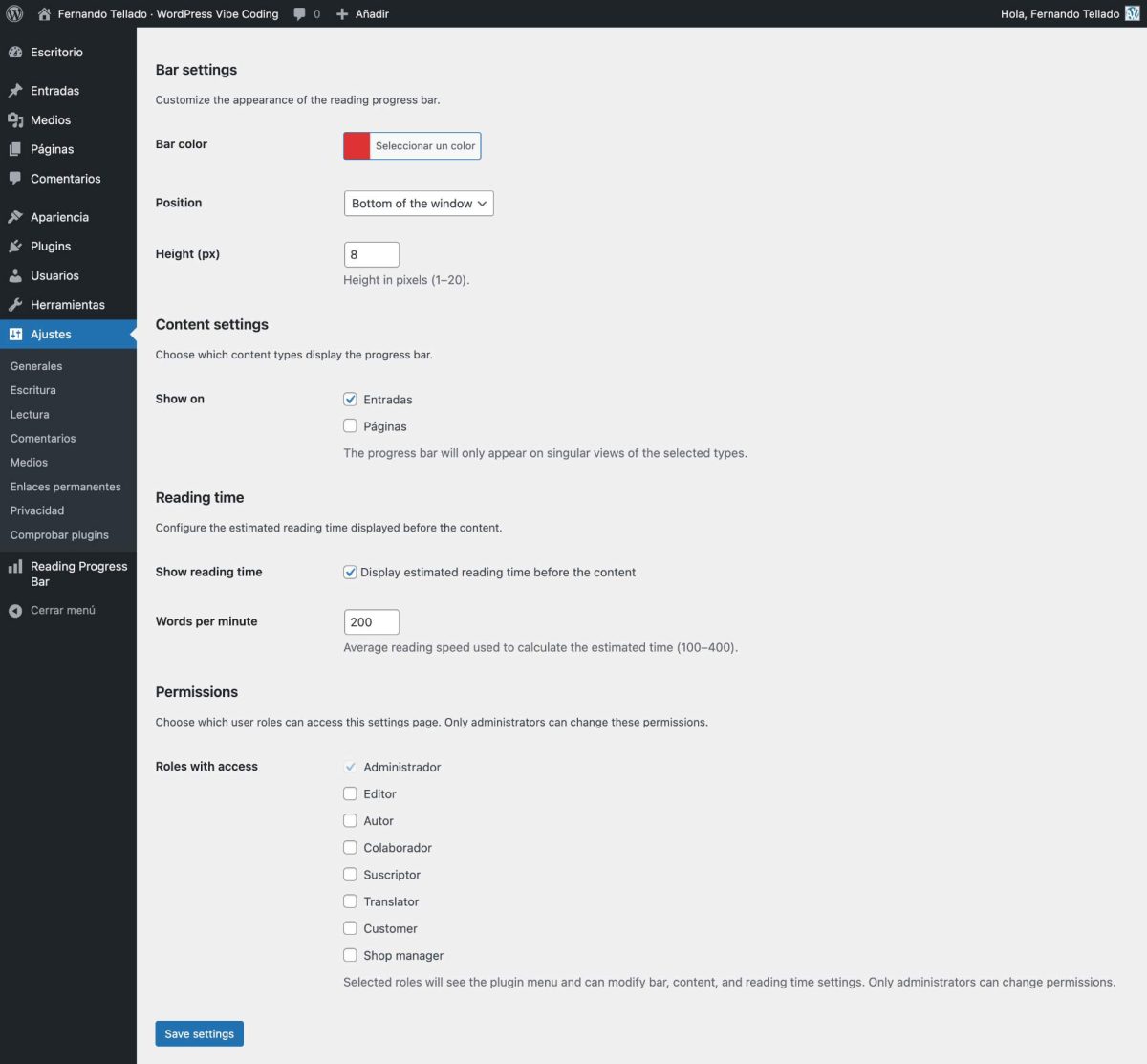 vibe coding wordpress plugin v4 ajustes
