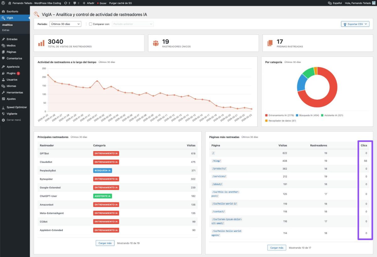 vigia mostrando clics de ai share & summarize