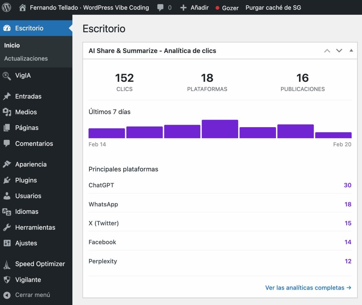 widget escritorio wordpress de analitica de clics en redes sociales e ia