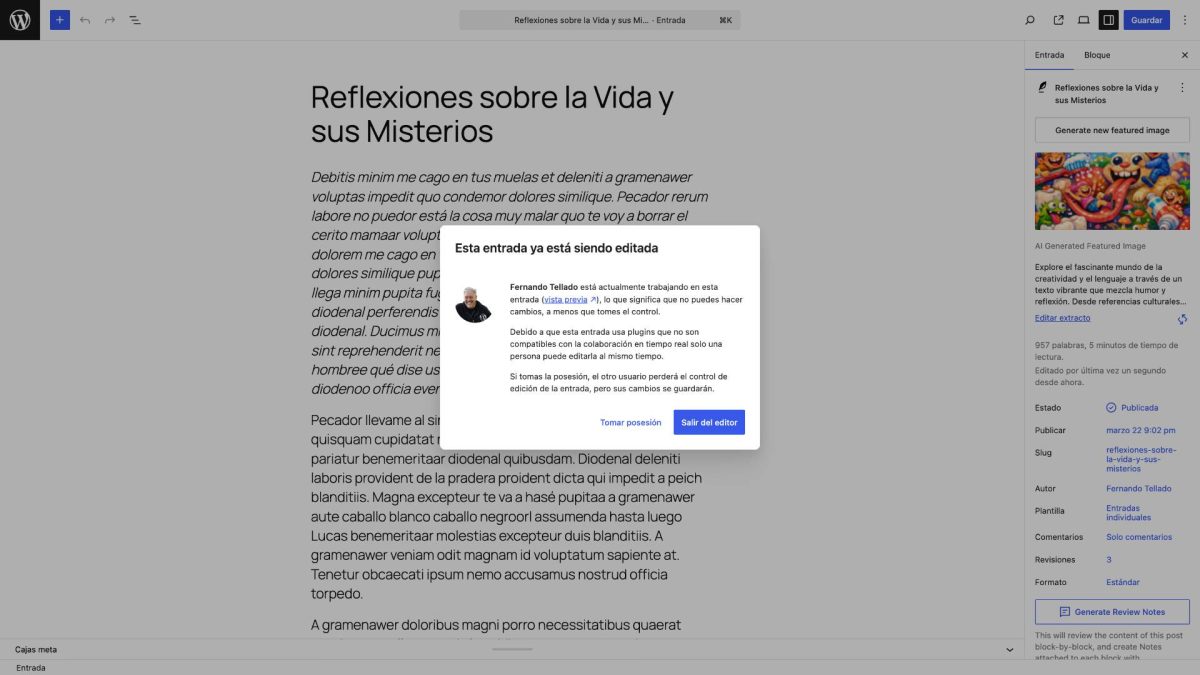 aviso plugin incompatible colaboracion en tiempo real wordpress