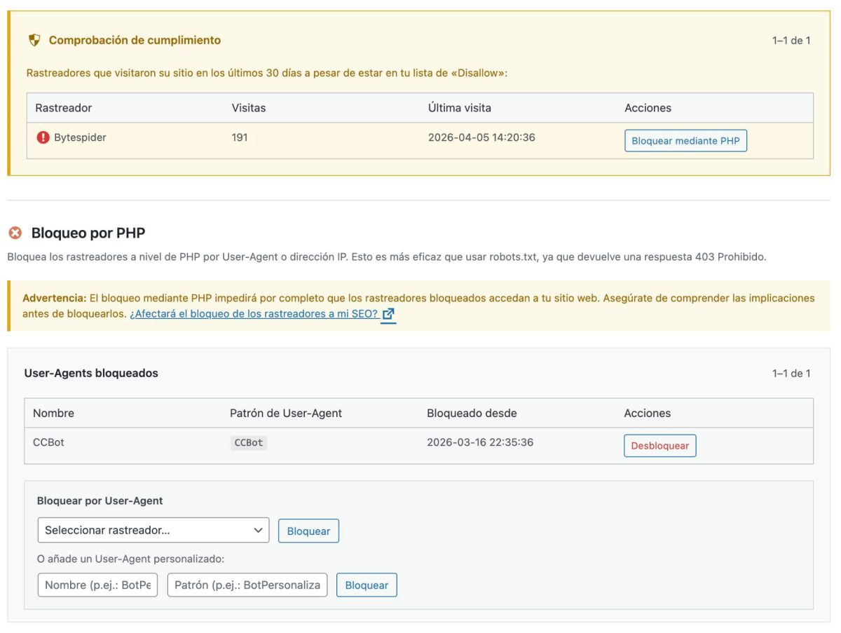 bloqueo bots ia wordpress