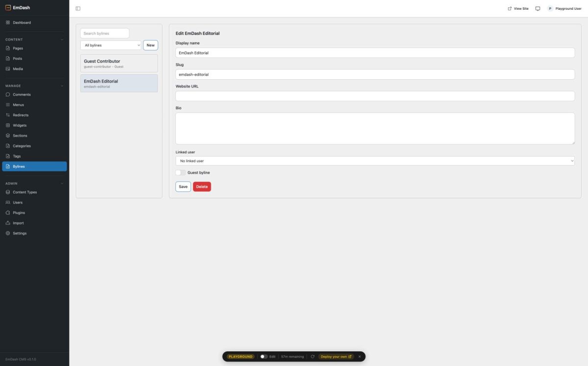 emdash admin bylines