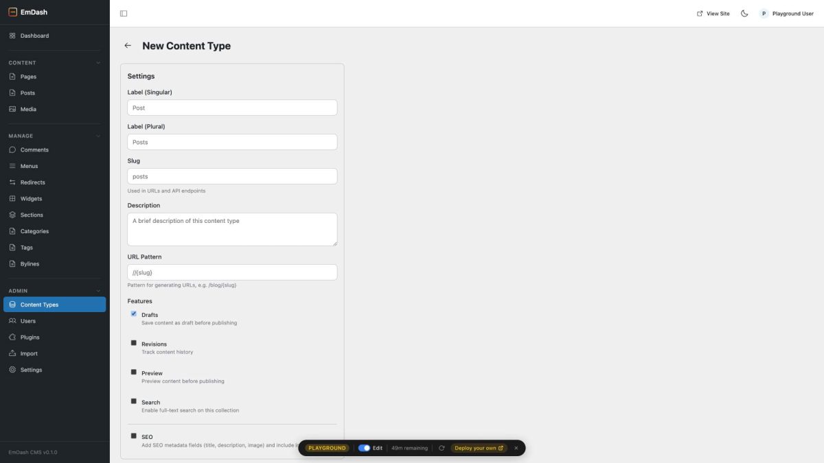 emdash admin nuevo content type