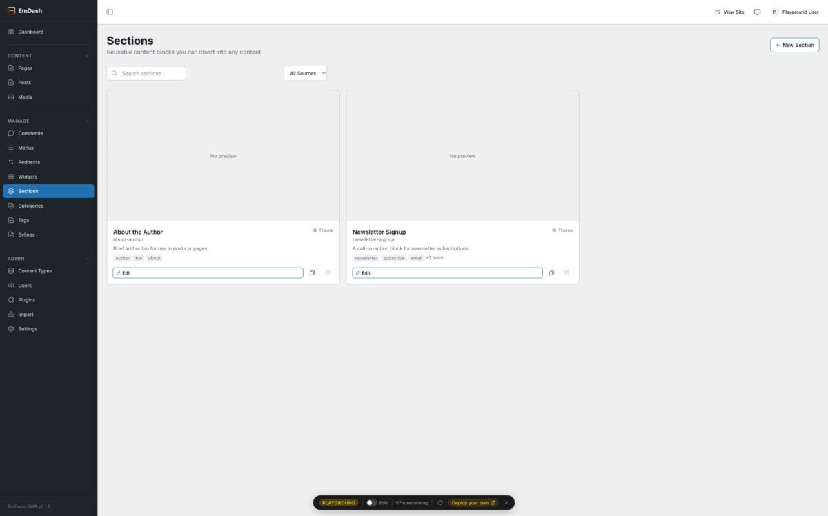 emdash admin sections