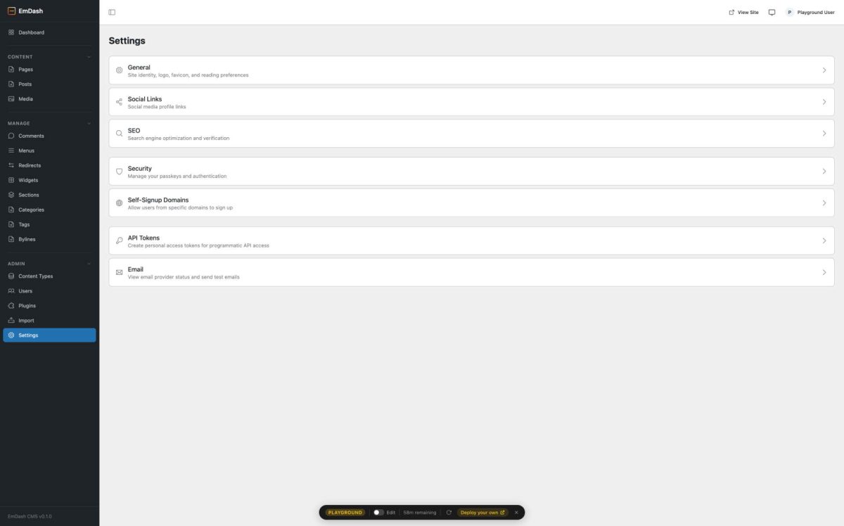 emdash admin settings