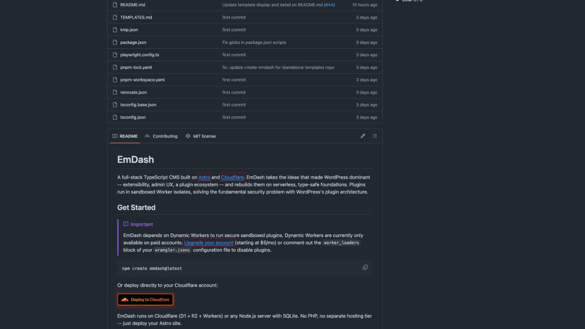 emdash cms emdash emdash is a full stack typescript cms based on astro the spiritual successor to wordpress deploy button