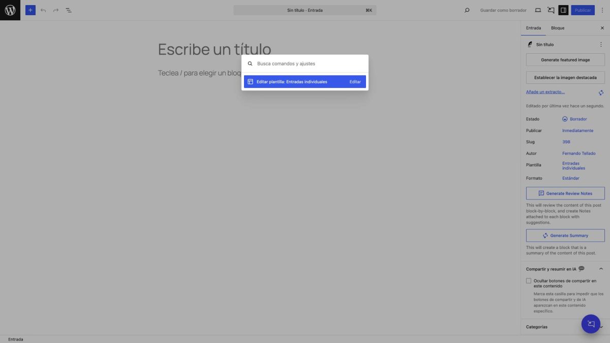 paleta de comandos editor wordpress