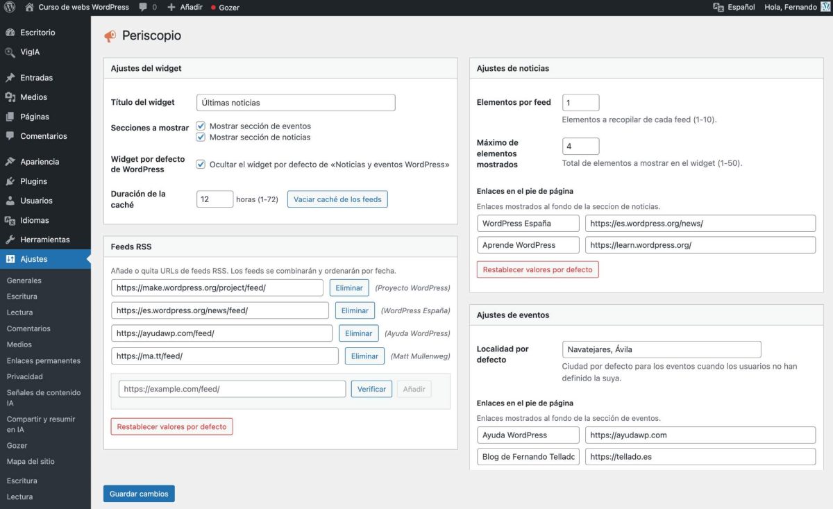 periscopio wordpress ajustes
